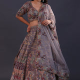Grey Organza Embroidered Lehenga Set