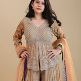 Fawn Orange Chinon Silk Peplum Set