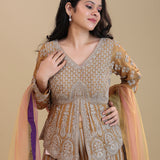 Fawn Orange Chinon Silk Peplum Set