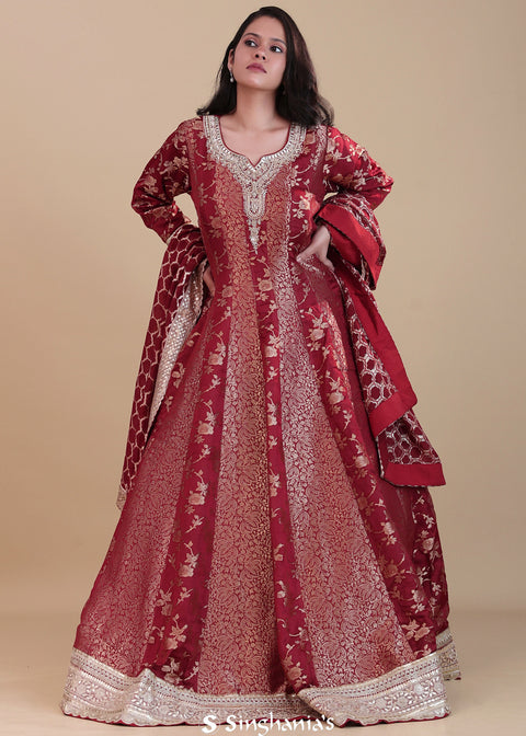 <img> Red Banarasi Silk Anarkali Set