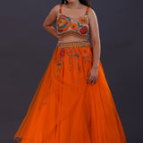 Bright Orange Tissue Organza Embroidered Lehenga Set