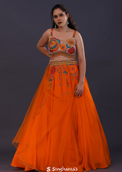<img> Bright Orange Crepe Floral Lehenga Set