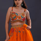 Bright Orange Tissue Organza Embroidered Lehenga Set