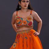 Bright Orange Tissue Organza Embroidered Lehenga Set