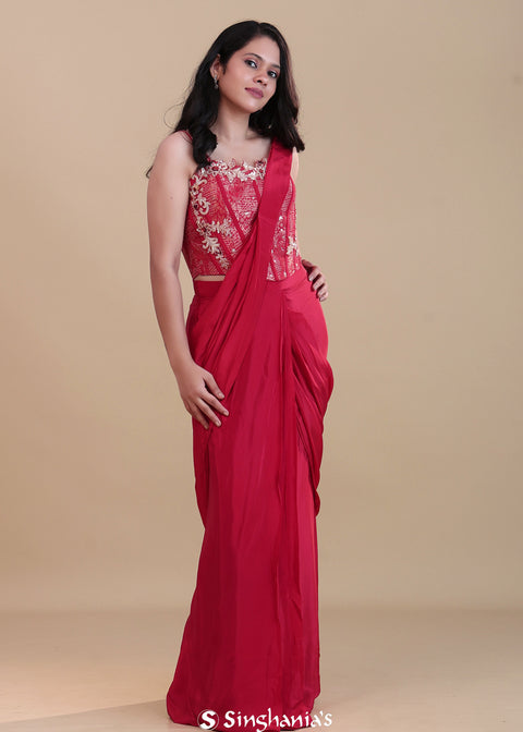 <img> Crimson Red Crepe Silk Drape Saree