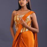 Yam Orange Crepe Silk Floral Printed Drape Saree