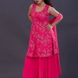 Fuchsia Pink Soft Tissue Embroidered Kurti Set