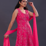 Fuchsia Pink Soft Tissue Embroidered Kurti Set