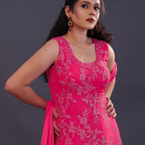 Fuchsia Pink Soft Tissue Embroidered Kurti Set