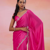 Hot Pink Crepe Saree With Fancy Border