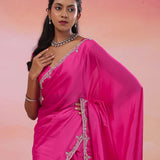 Hot Pink Crepe Saree With Fancy Border