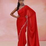 Red Crepe Saree With Fancy Border