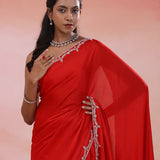 Red Crepe Saree With Fancy Border