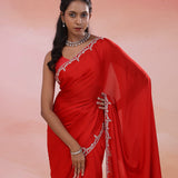 Red Crepe Saree With Fancy Border