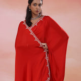 Red Crepe Saree With Fancy Border