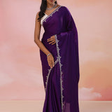 Dark Purple Crepe Saree With Fancy Border