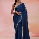 Navy Blue Crepe Saree With Fancy Border