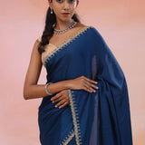 Navy Blue Crepe Saree With Fancy Border