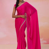 Hot Pink Crepe Saree With Scallop Border