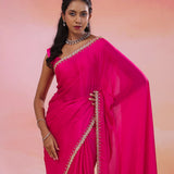 Hot Pink Crepe Saree With Scallop Border