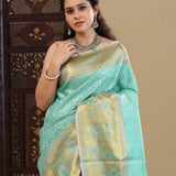 Cyan Blue Kanjivaram Silk Saree With Gold Zari Border