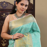 Cyan Blue Kanjivaram Silk Saree With Gold Zari Border