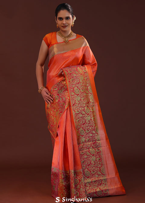 <img> Vibrant Orange Kanjivaram Silk Saree With Designer Border