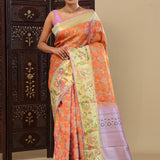 Orange Kanjivaram Silk Saree With Floral Border