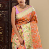 Orange Kanjivaram Silk Saree With Floral Border