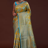 Yellow And Blue Kanjivaram Tissue Saree With Rangkat Design
