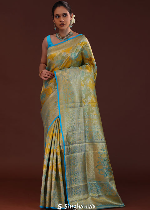 <img> Yellow And Blue Kanjivaram Tissue Saree With Rangkat Design