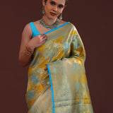 Yellow And Blue Kanjivaram Tissue Saree With Rangkat Design