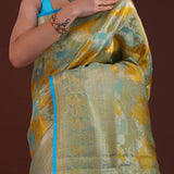 Yellow And Blue Kanjivaram Tissue Saree With Rangkat Design