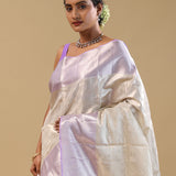 Silver Kanjivaram Tissue Saree With Contrast Border