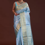 Blue Kanjivaram Silk Saree With Floral Jaal