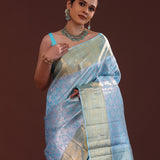 Blue Kanjivaram Silk Saree With Floral Jaal