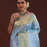 Blue Kanjivaram Silk Saree With Floral Jaal