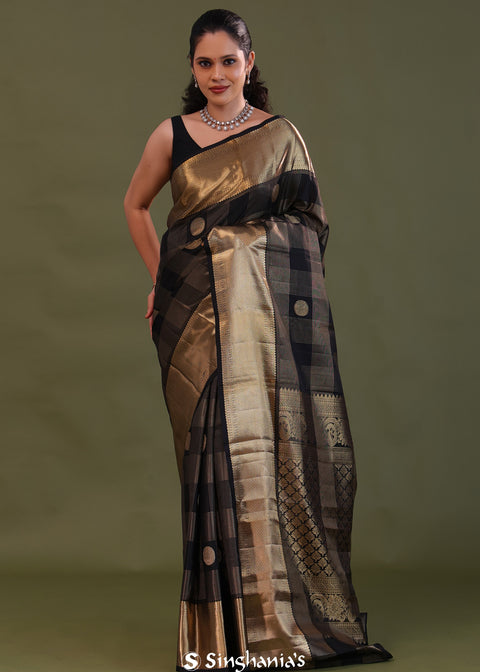 <img> Black Kanjivaram Silk Saree With Checks Pattern