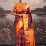 Dark Maroon Kanjivaram Silk Saree With Checks Pattern