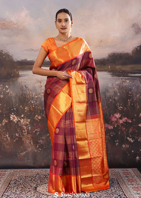 <img> Dark Maroon Kanjivaram Silk Saree With Checks Pattern