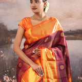 Dark Maroon Kanjivaram Silk Saree With Checks Pattern