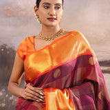 Dark Maroon Kanjivaram Silk Saree With Checks Pattern
