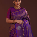 Indigo Purple Kanjivaram Silk Saree With Double Deck Border