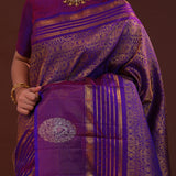 Indigo Purple Kanjivaram Silk Saree With Double Deck Border