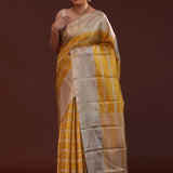 Gold Kanjivaram Tissue Saree With Horizontal Stripes