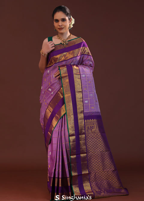 <img> Amethyst Purple Kanjivaram Silk Saree With Checks Pattern