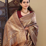 Rich Brown Kanjivaram Silk Saree With Zari Weave.
