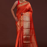Vivid Auburn Red Kanjivaram Silk Saree With Checks Pattern