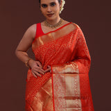 Vivid Auburn Red Kanjivaram Silk Saree With Checks Pattern