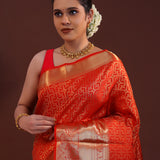 Vivid Auburn Red Kanjivaram Silk Saree With Checks Pattern